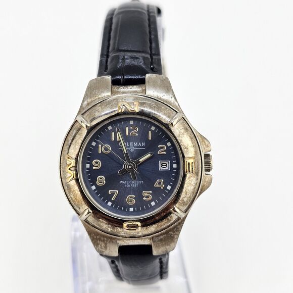 Coleman Women's Watch 30MM Blue Dial Date New Black Leather Bands New Battery - Picture 1 of 14